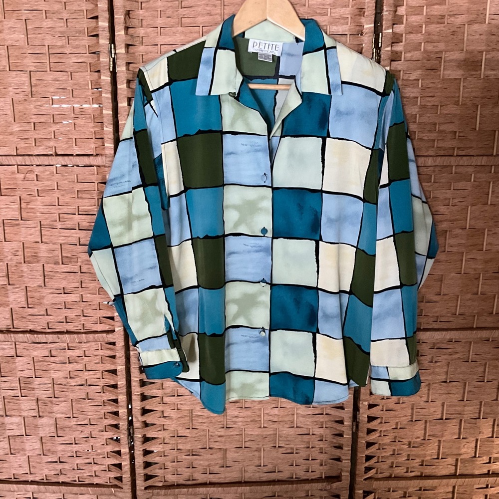 Petite‎ Sophisticate Vintage Watercolor Block Print Button Down Shirt Y2K
